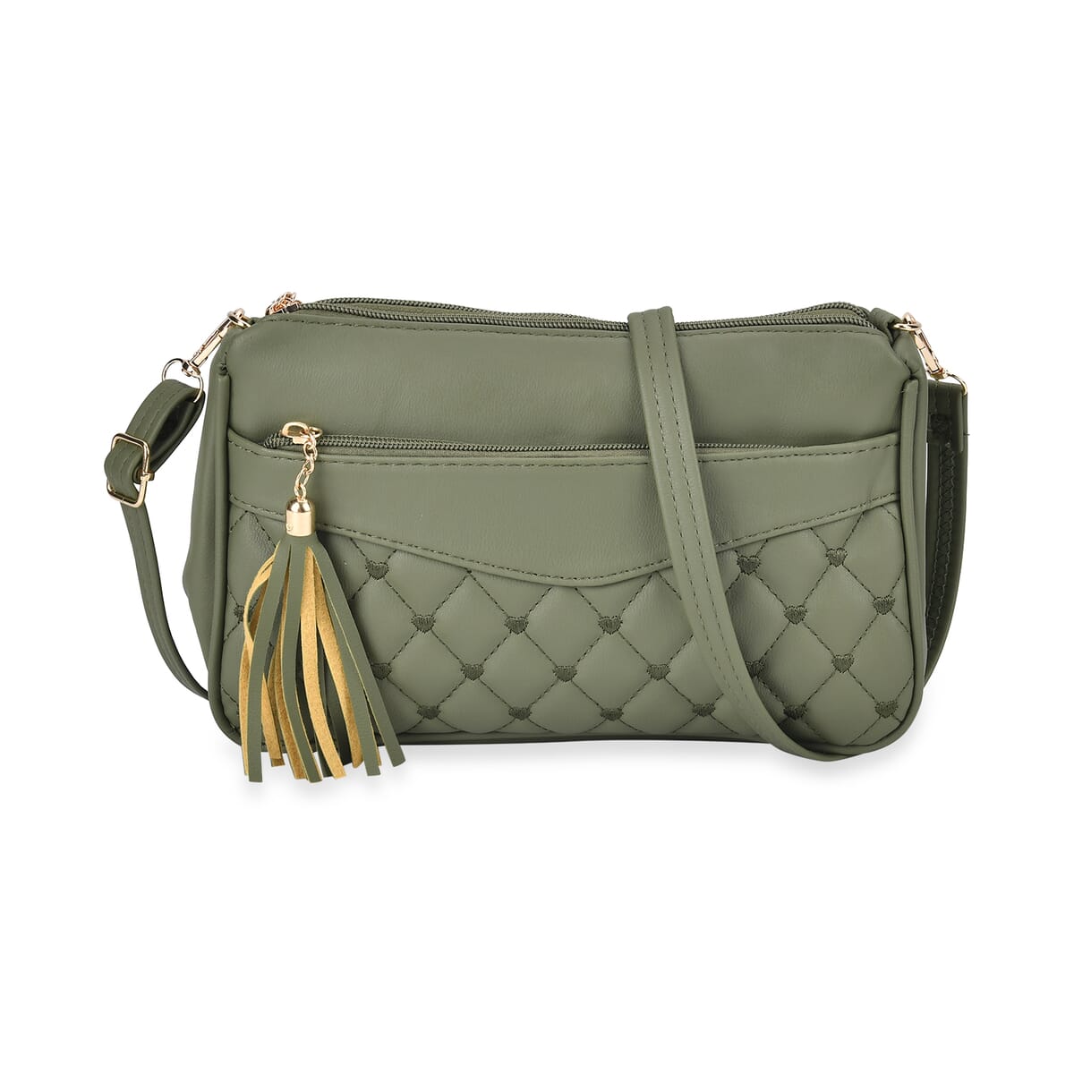 Green Faux Leather Quilted Pattern Crossbody Bag with Detachable Shoulder Strap (63) image number 0