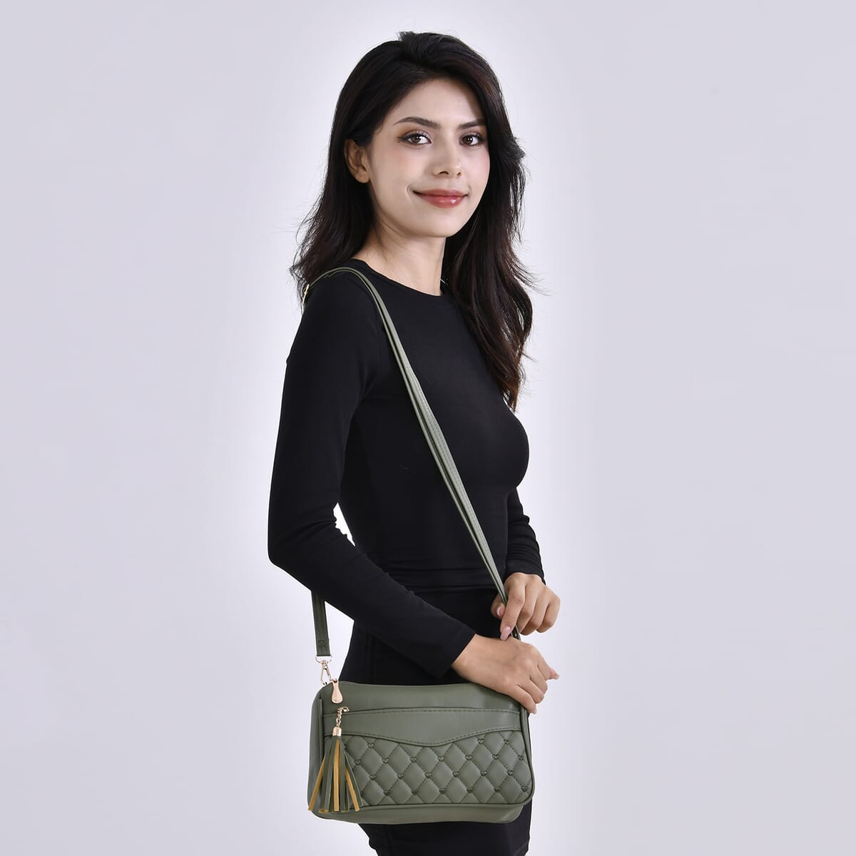Green Faux Leather Quilted Pattern Crossbody Bag with Detachable Shoulder Strap (63) image number 1