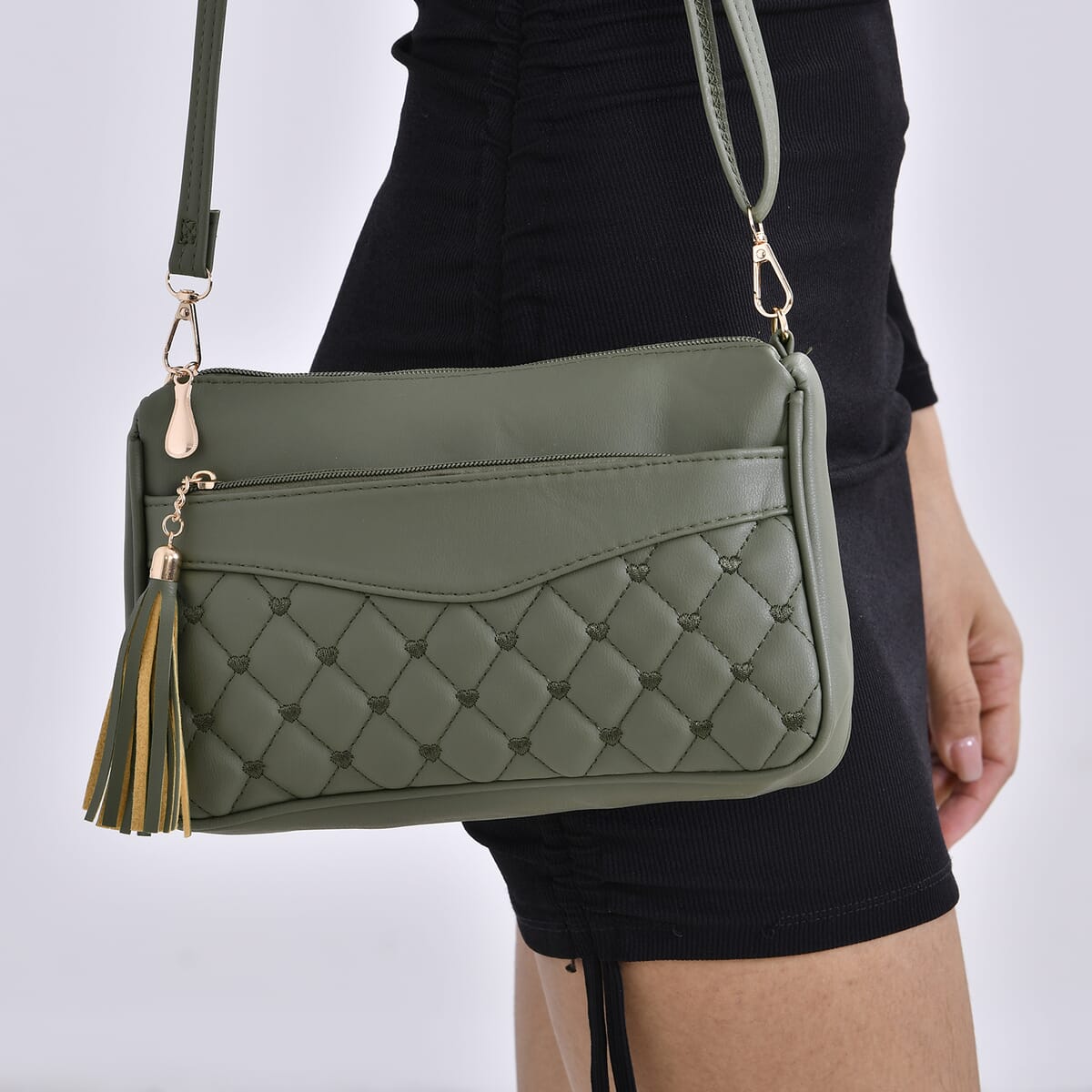 Green Faux Leather Quilted Pattern Crossbody Bag with Detachable Shoulder Strap (63) image number 2