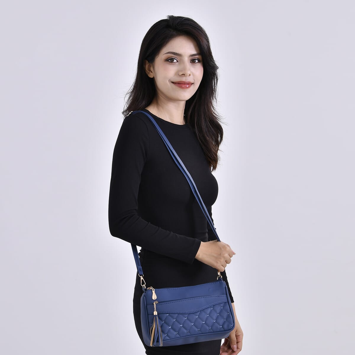 Navy Faux Leather Quilted Pattern Crossbody Bag with Detachable Shoulder Strap image number 1