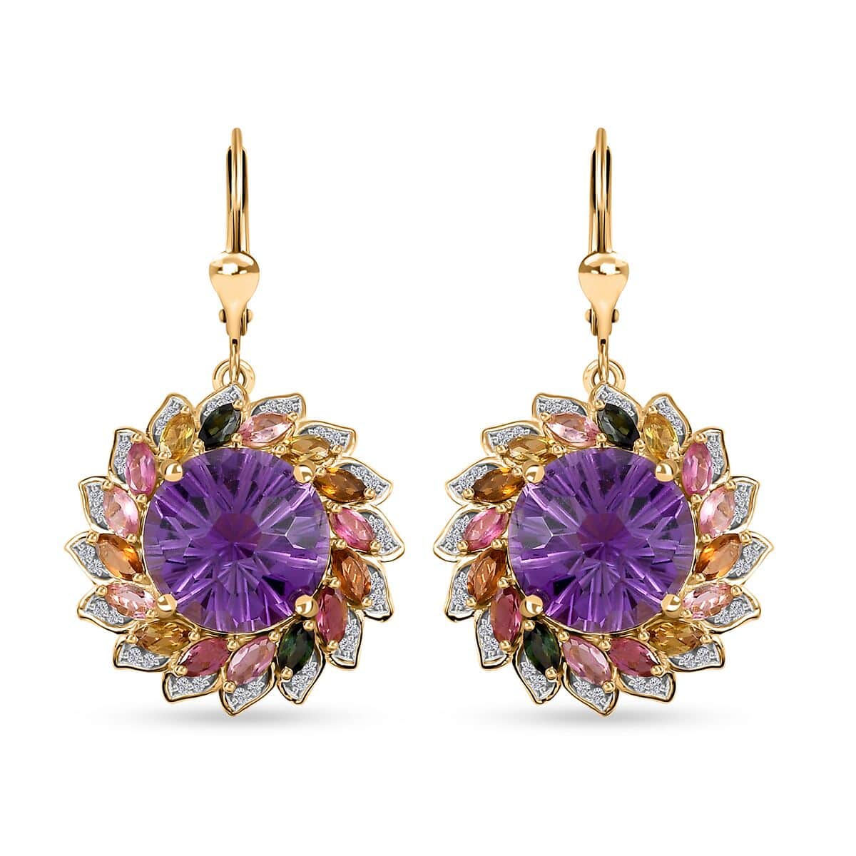 Starburst Cut African Amethyst, Multi-Tourmaline and White Zircon Floral Earring in Vermeil Yellow Gold Over Sterling Silver 18.00 ctw image number 0