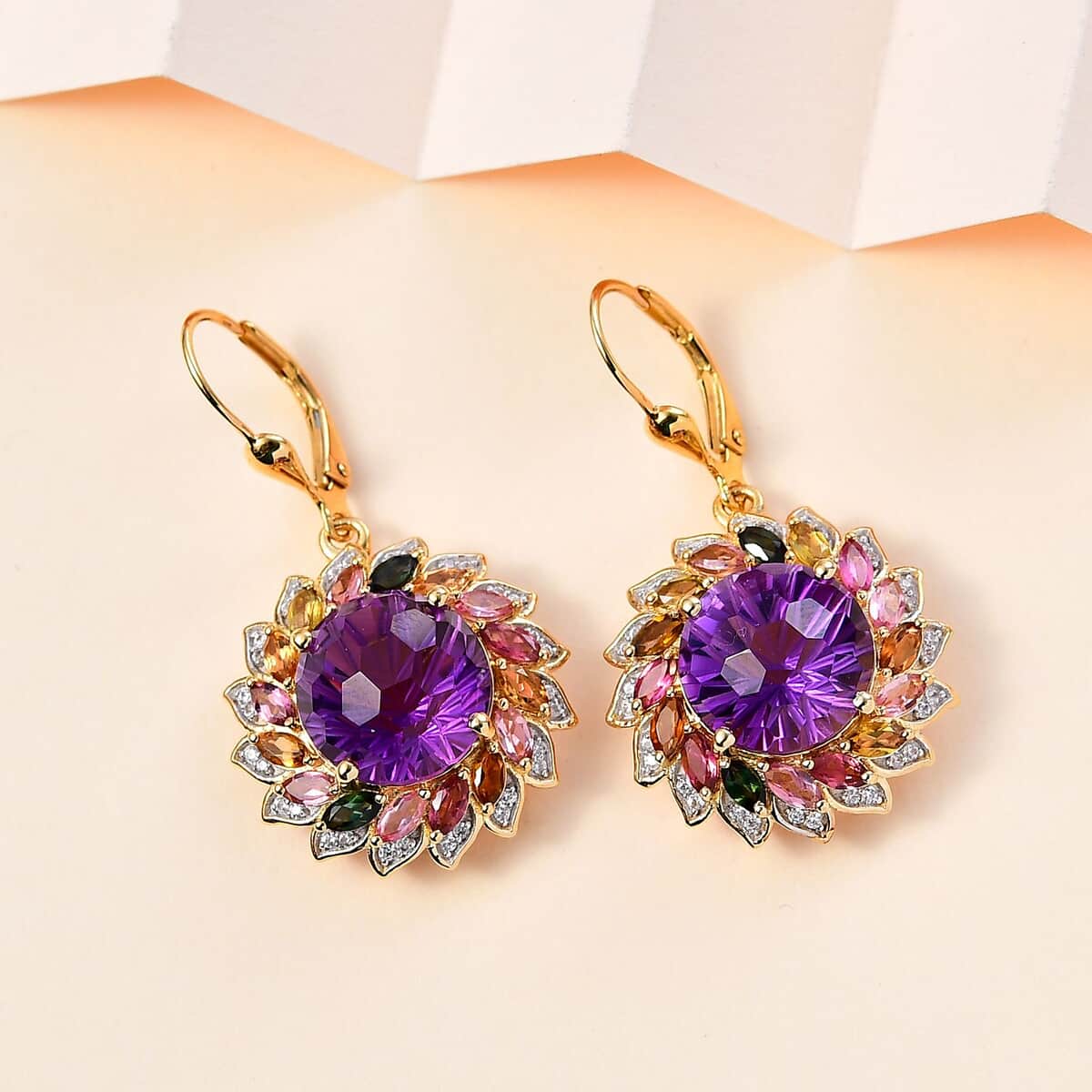 TLV Starburst Cut African Amethyst, Multi-Tourmaline, White Zircon Floral Earring in Vermeil YG Over Sterling Silver 16.50 ctw image number 1