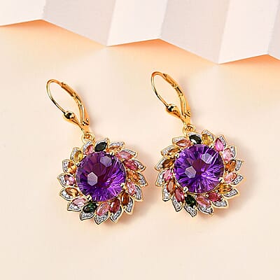 Starburst Cut African Amethyst, Multi-Tourmaline and White Zircon Floral Earring in Vermeil Yellow Gold Over Sterling Silver 18.00 ctw