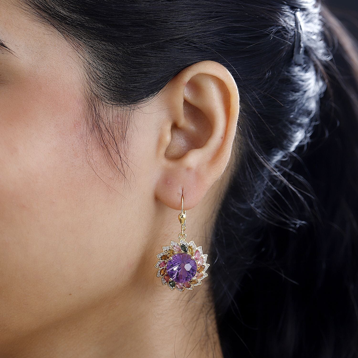 Starburst Cut African Amethyst, Multi-Tourmaline and White Zircon Floral Earring in Vermeil Yellow Gold Over Sterling Silver 18.00 ctw