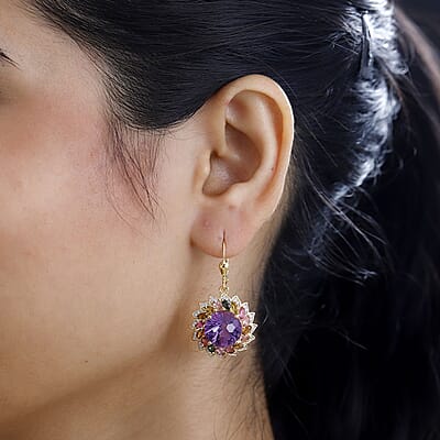 Starburst Cut African Amethyst, Multi-Tourmaline and White Zircon Floral Earring in Vermeil Yellow Gold Over Sterling Silver 18.00 ctw