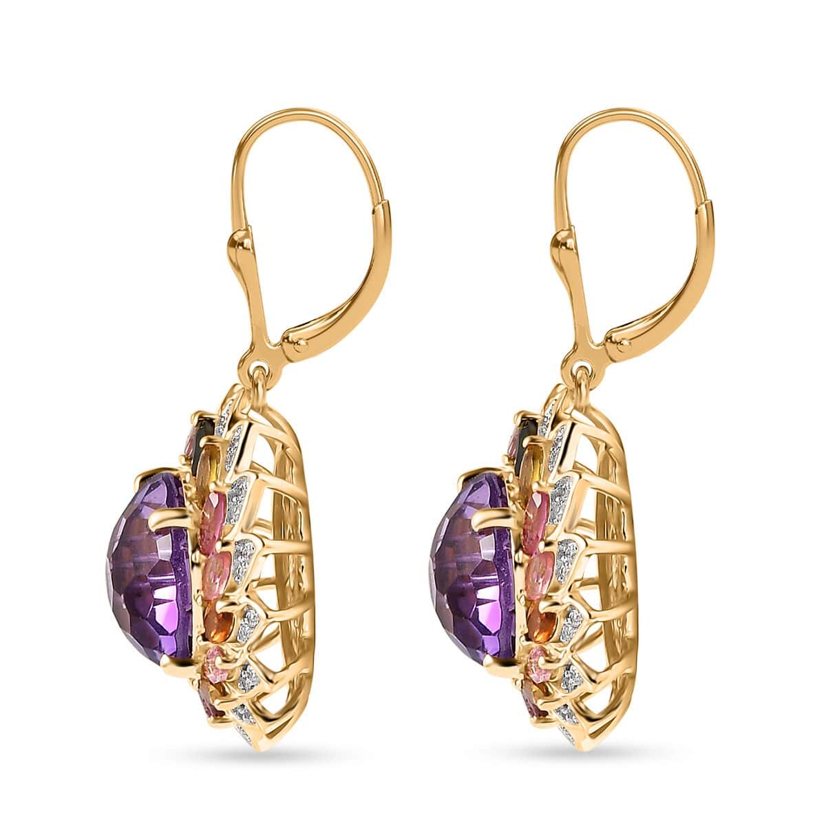 Starburst Cut African Amethyst, Multi-Tourmaline and White Zircon Floral Earring in Vermeil Yellow Gold Over Sterling Silver 18.00 ctw image number 3