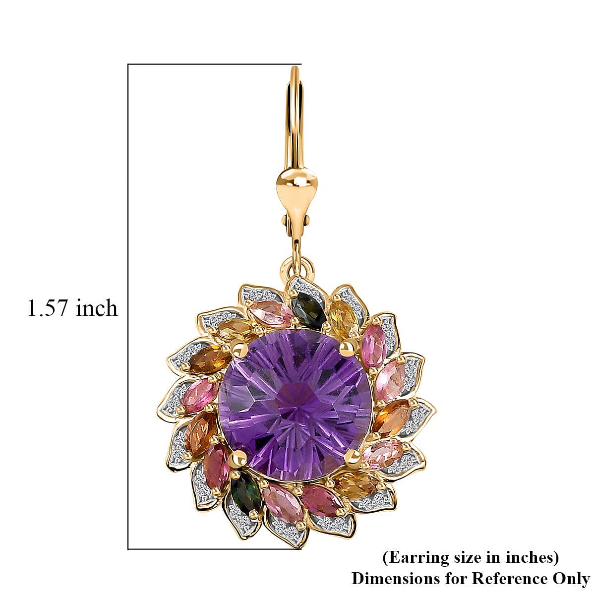 Starburst Cut African Amethyst, Multi-Tourmaline and White Zircon Floral Earring in Vermeil Yellow Gold Over Sterling Silver 18.00 ctw