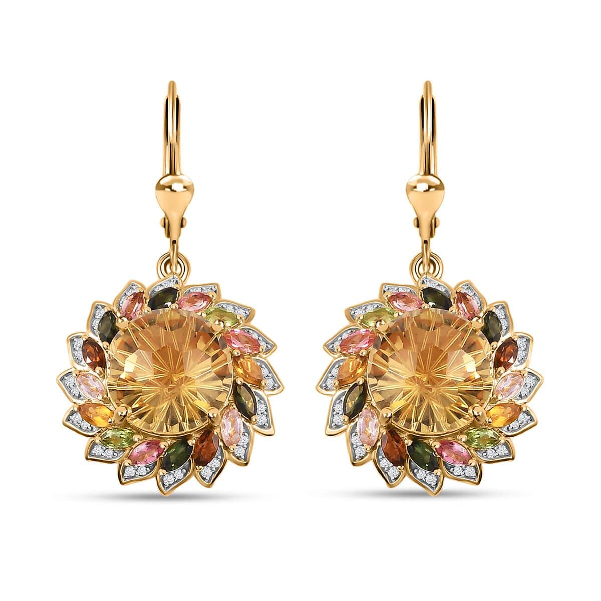 Starburst Cut Brazilian Citrine, Multi-Tourmaline and White Zircon Floral Earrings in Vermeil Yellow Gold Over Sterling Silver 16.50 ctw image number 0
