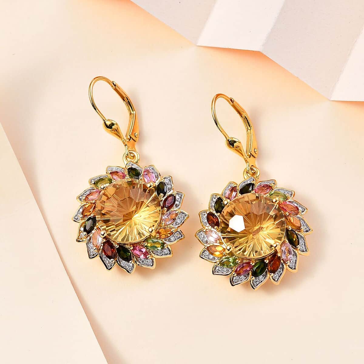 Starburst Cut Brazilian Citrine, Multi-Tourmaline and White Zircon Floral Earrings in Vermeil Yellow Gold Over Sterling Silver 16.50 ctw image number 1