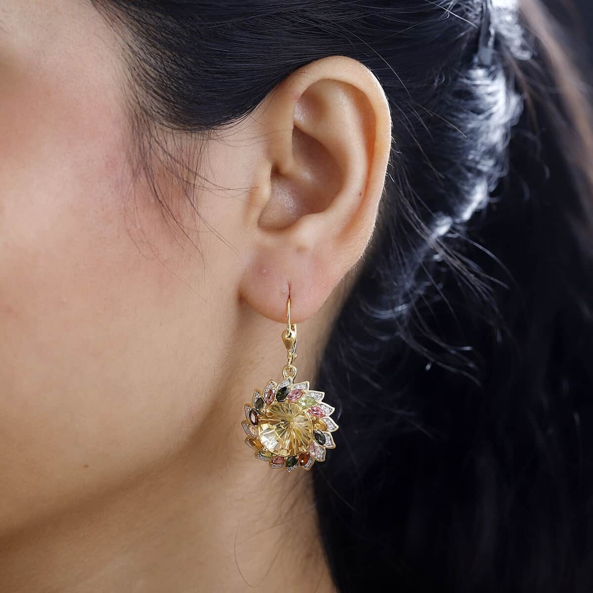 Starburst Cut Brazilian Citrine, Multi-Tourmaline and White Zircon Floral Earrings in Vermeil Yellow Gold Over Sterling Silver 16.50 ctw image number 2