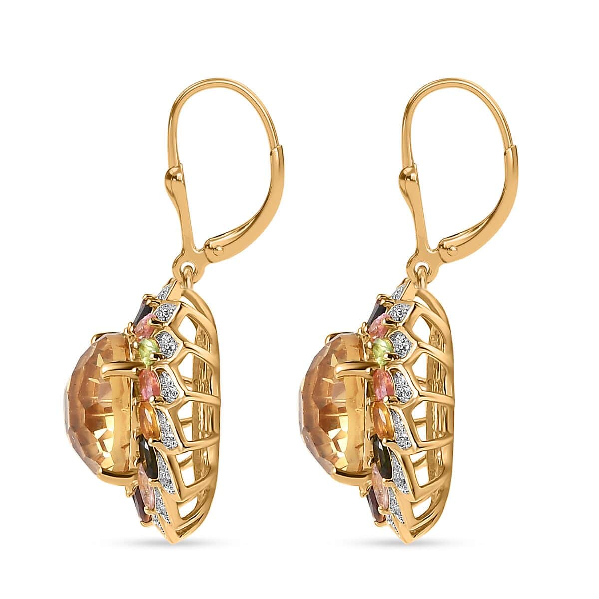 Starburst Cut Brazilian Citrine, Multi-Tourmaline and White Zircon Floral Earrings in Vermeil Yellow Gold Over Sterling Silver 16.50 ctw image number 3
