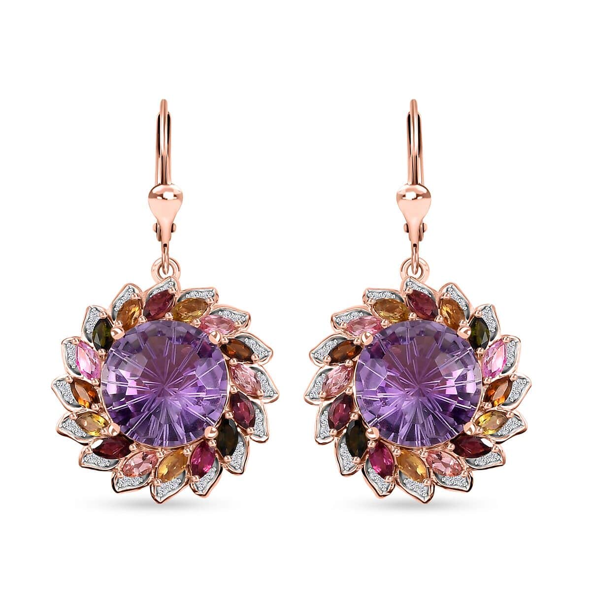Starburst Cut Rose De France Amethyst, Multi-Tourmaline and White Zircon Floral Earrings in Vermeil Rose Gold Over Sterling Silver 16.30 ctw image number 0