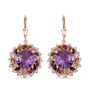 Starburst Cut Rose De France Amethyst, Multi-Tourmaline and White Zircon Floral Earrings in Vermeil Rose Gold Over Sterling Silver 16.30 ctw