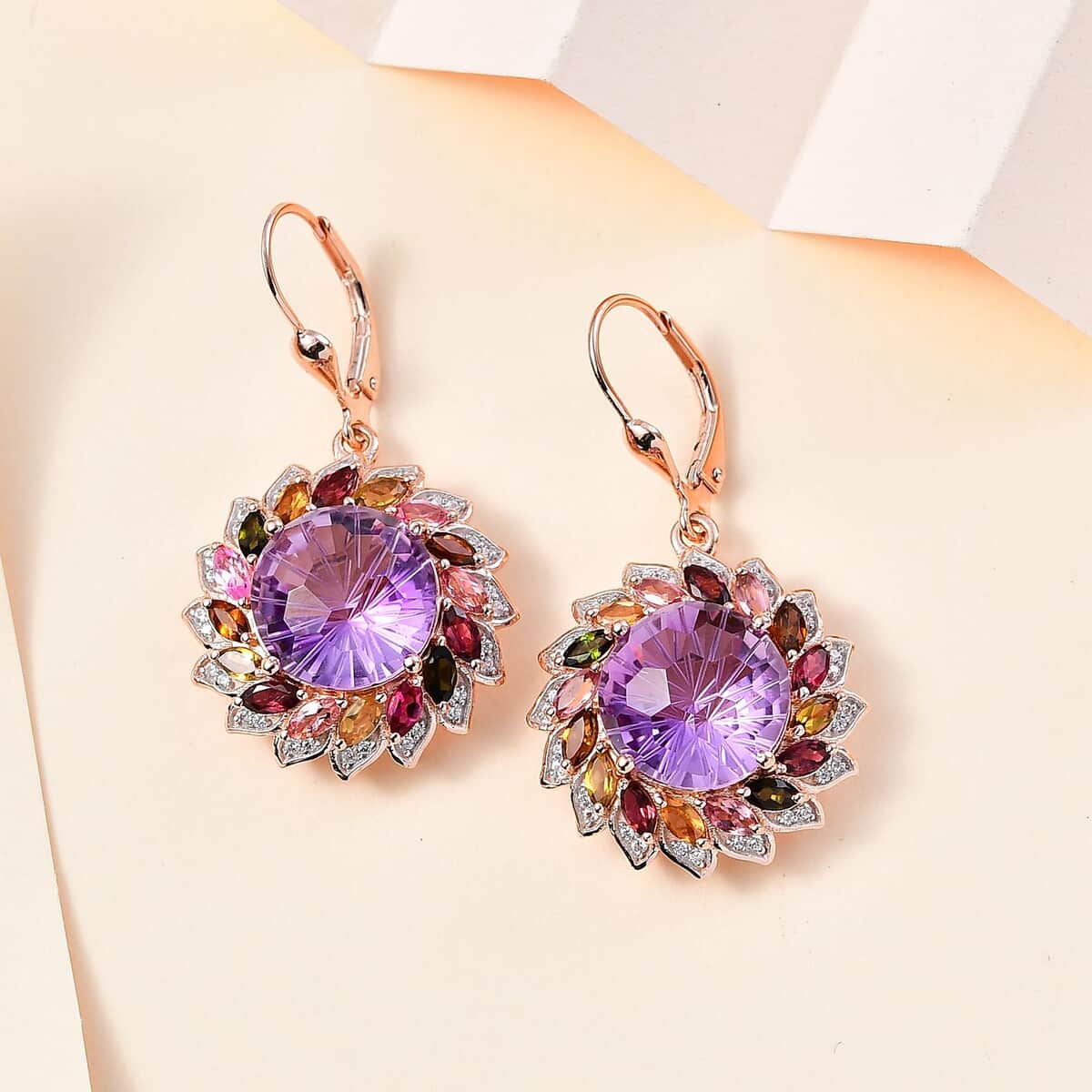 Starburst Cut Rose De France Amethyst, Multi-Tourmaline and White Zircon Floral Earrings in Vermeil Rose Gold Over Sterling Silver 16.30 ctw image number 1