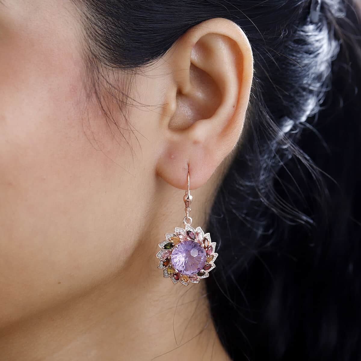 Starburst Cut Rose De France Amethyst, Multi-Tourmaline and White Zircon Floral Earrings in Vermeil Rose Gold Over Sterling Silver 16.30 ctw image number 2