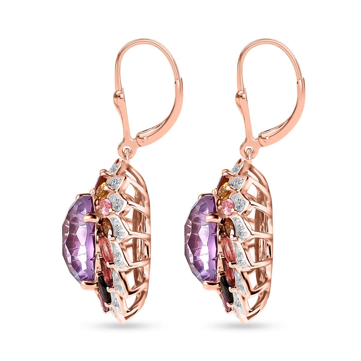 Starburst Cut Rose De France Amethyst, Multi-Tourmaline and White Zircon Floral Earrings in Vermeil Rose Gold Over Sterling Silver 16.30 ctw image number 3