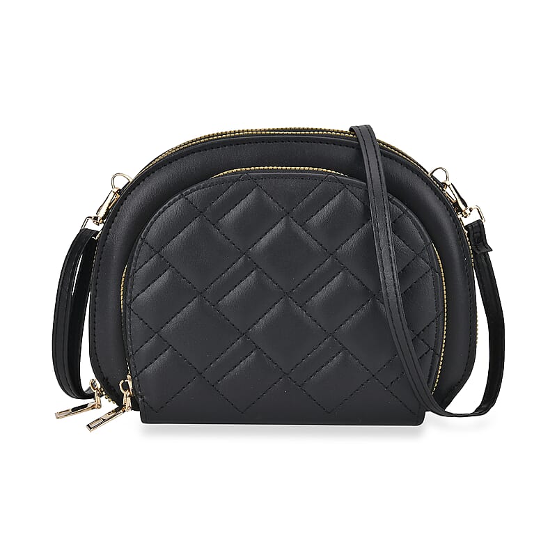 Black Faux Leather Quilted Crossbody Bag with Detachable Shoulder Strap 