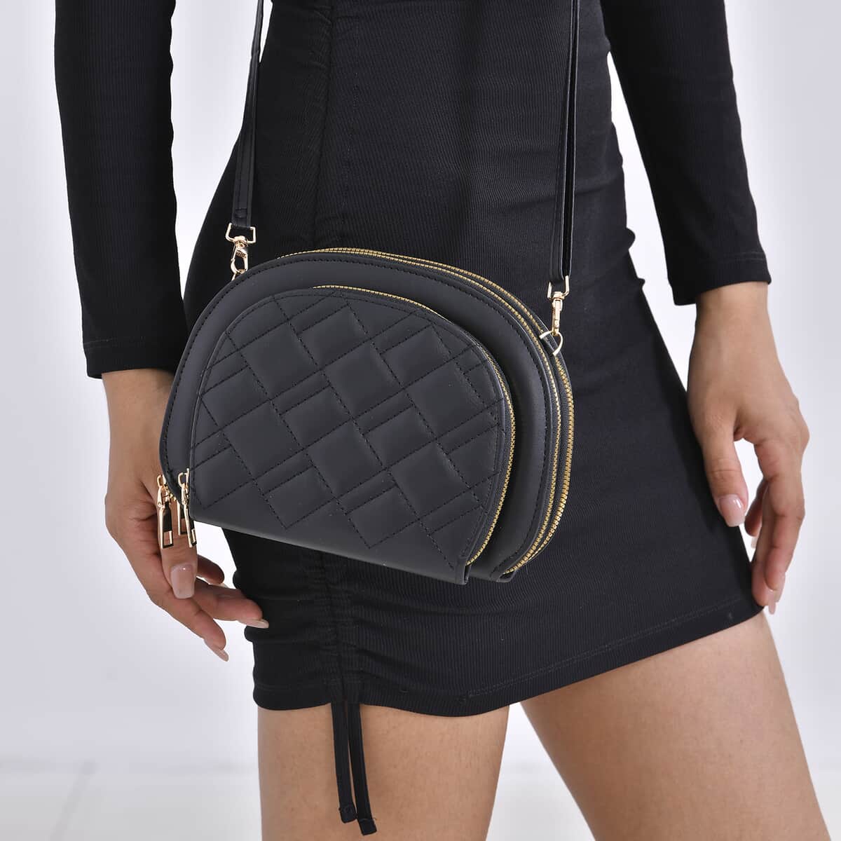 Black Faux Leather Quilted Crossbody Bag (8.3"x1.8"x5.9") with Detachable Shoulder Strap (63") image number 2