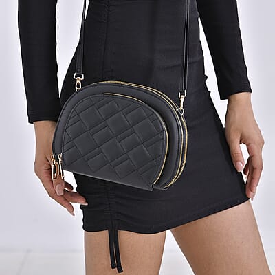 Black Faux Leather Quilted Crossbody Bag with Detachable Shoulder Strap 