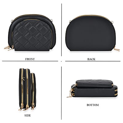 Black Faux Leather Quilted Crossbody Bag with Detachable Shoulder Strap 