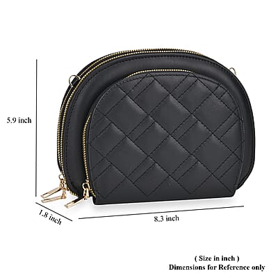 Black Faux Leather Quilted Crossbody Bag with Detachable Shoulder Strap 