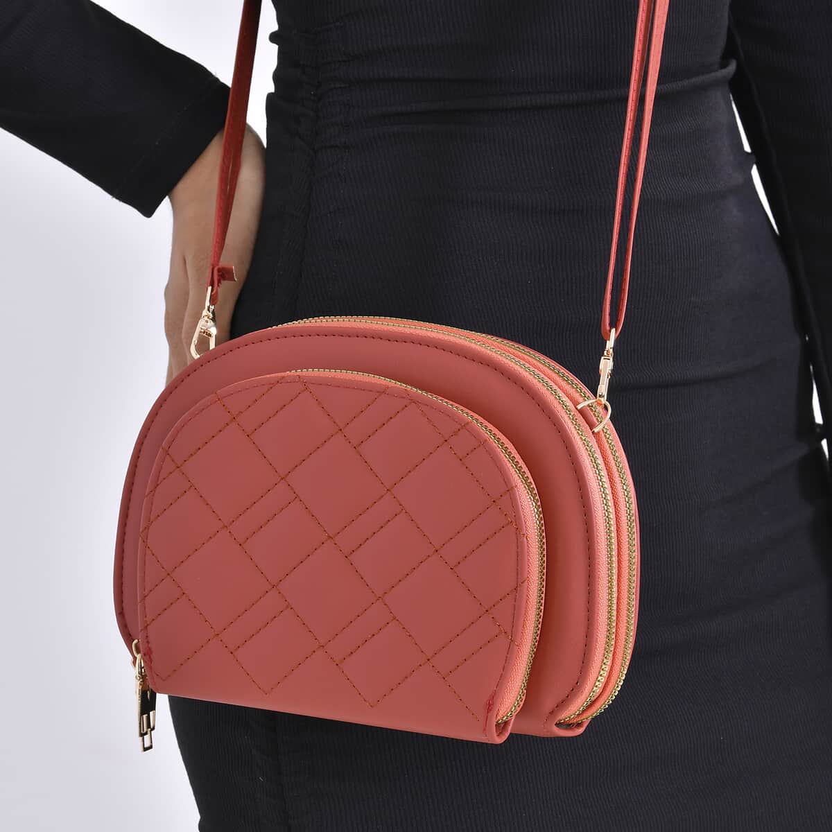 Red Faux Leather Quilted Crossbody Bag with Detachable Shoulder Strap image number 2