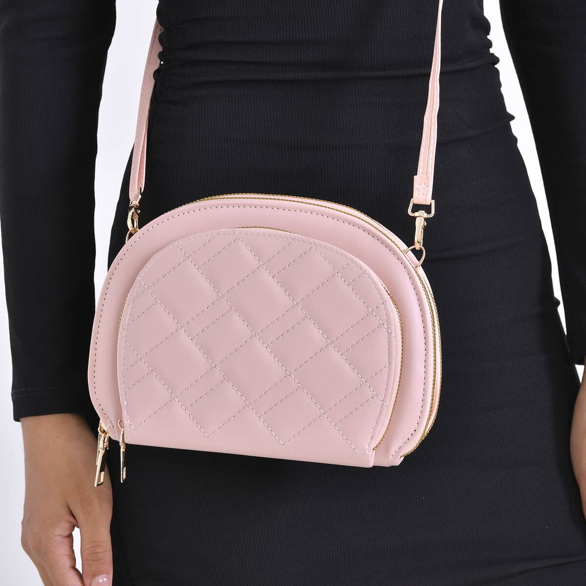 Pink Faux Leather Quilted Crossbody Bag with Detachable Shoulder Strap image number 2