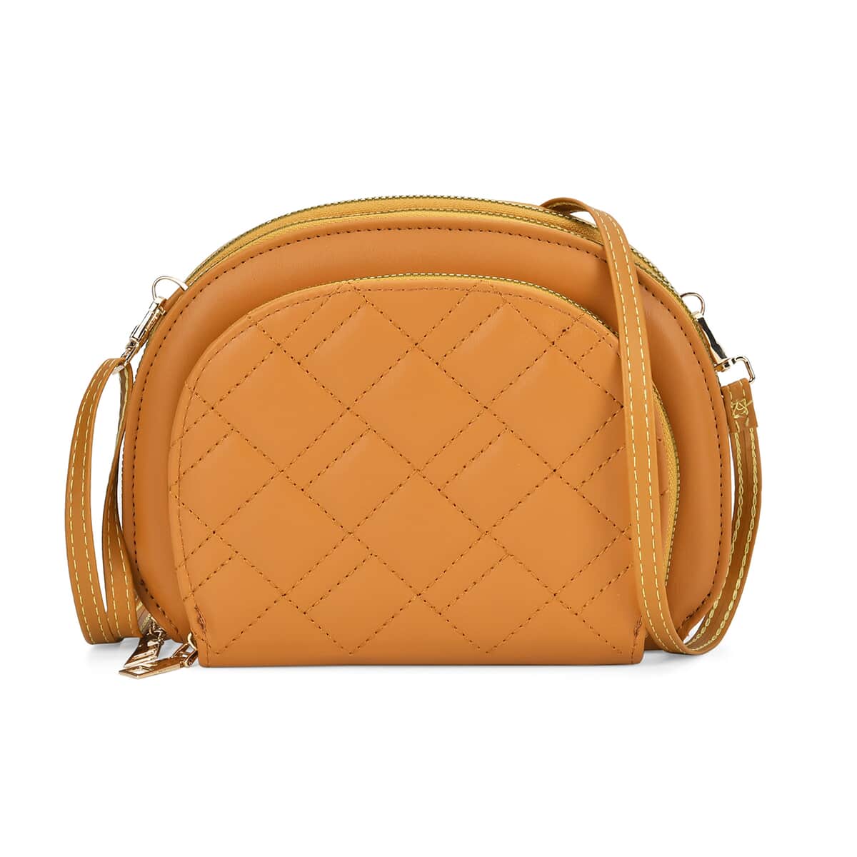 Mustard Faux Leather Quilted Crossbody Bag with Detachable Shoulder Strap image number 0