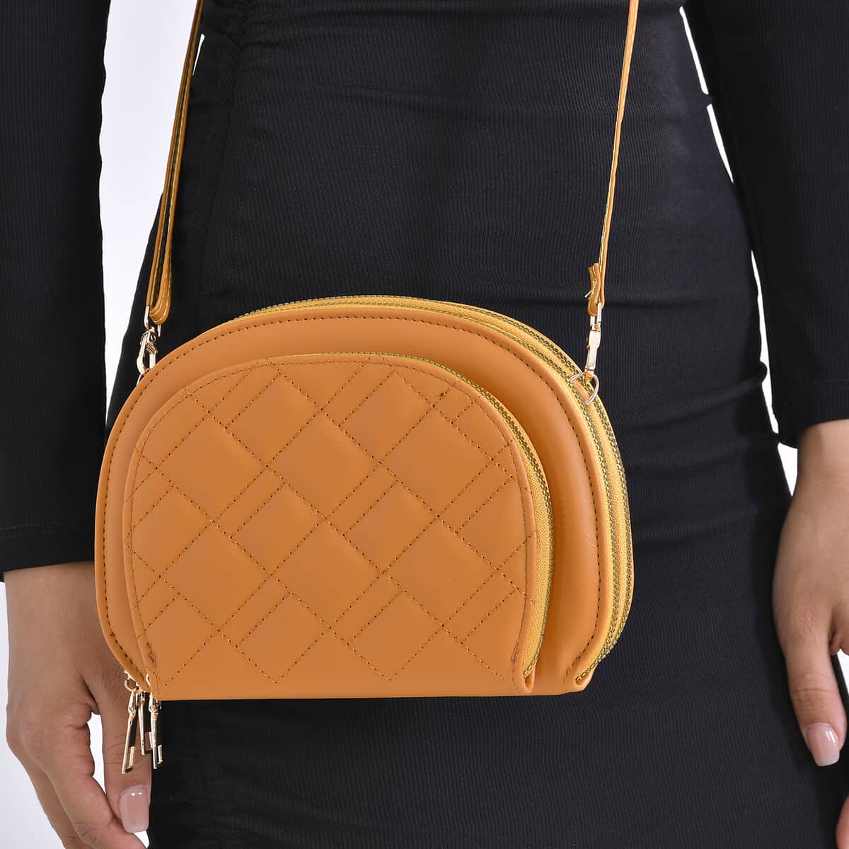 Mustard Faux Leather Quilted Crossbody Bag with Detachable Shoulder Strap image number 2