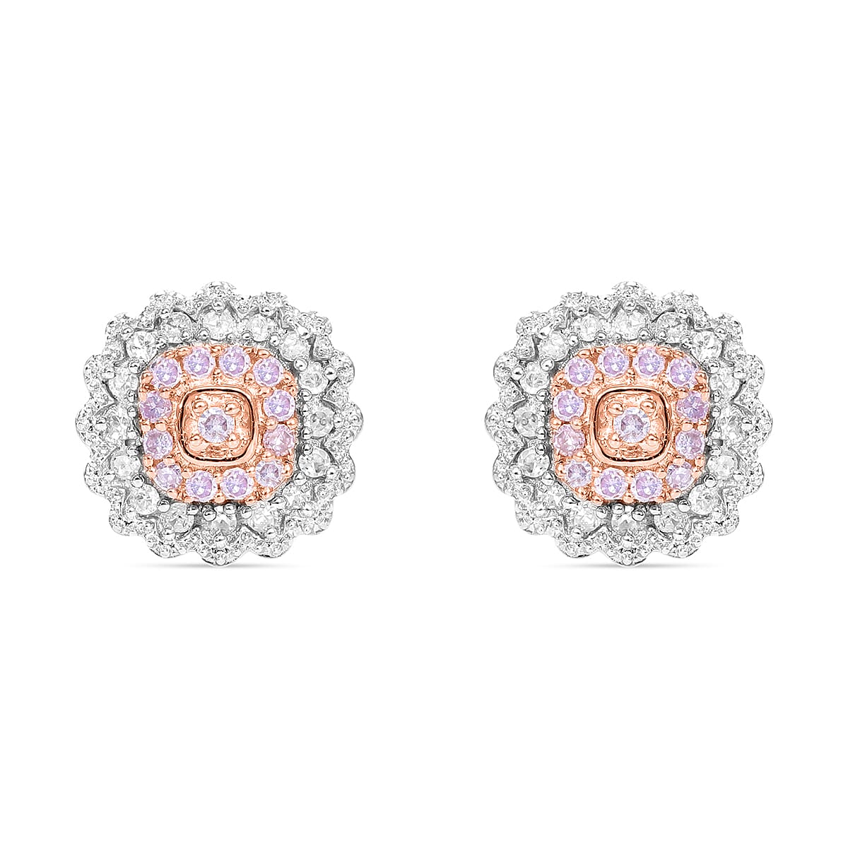 Natural Pink and White Diamond I3 Earrings in Vermeil Rose Gold Over Sterling Silver 0.33 ctw