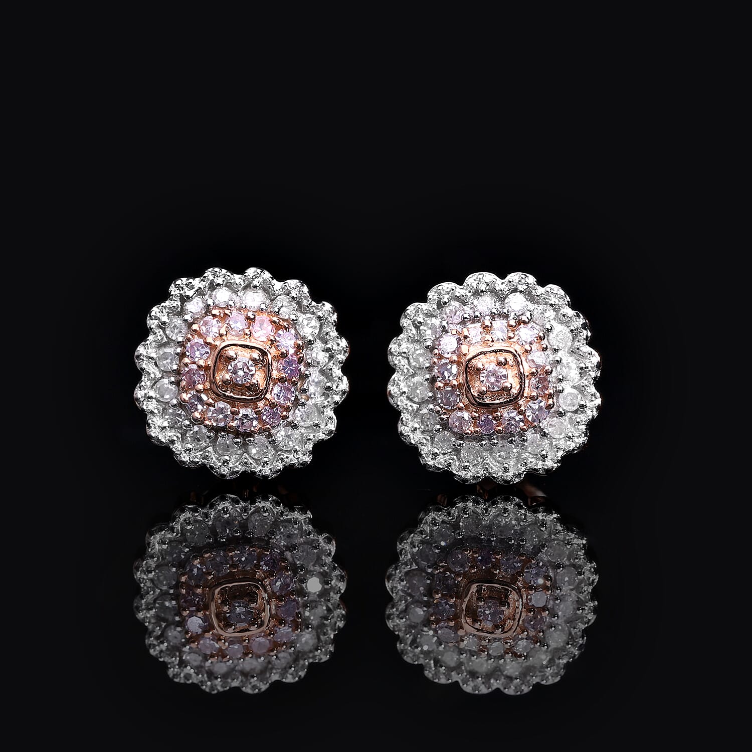 Natural Pink and White Diamond I3 Earrings in Vermeil Rose Gold Over Sterling Silver 0.33 ctw