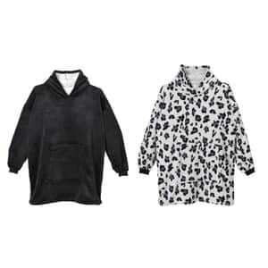 Doorbuster Set of 2 Black and Leopard Blanket Hoodie Sweatshirt Blanket with Kangaroo Pocket – One Size Fits Most