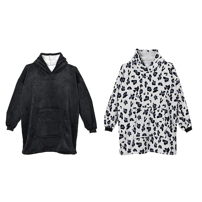 Set of 2 Black and Leopard Blanket Hoodie Sweatshirt Blanket with Kangaroo Pocket – One Size Fits Most