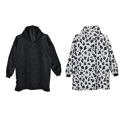 Set of 2 Black and Leopard Blanket Hoodie Sweatshirt Blanket with Kangaroo Pocket – One Size Fits Most