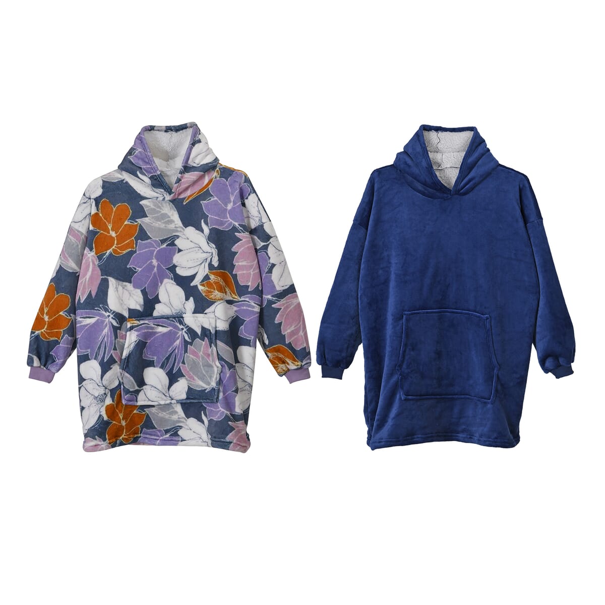 Set of 2 Blue and Floral Blanket Hoodie Sweatshirt Blanket with Kangaroo Pocket – One Size Fits Most image number 0