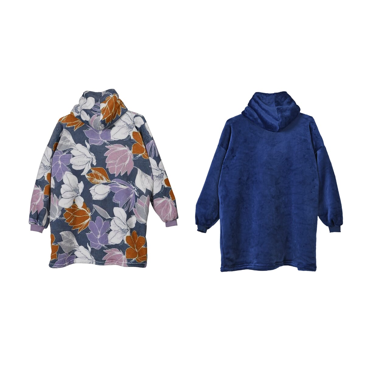 Set of 2 Blue and Floral Blanket Hoodie Sweatshirt Blanket with Kangaroo Pocket – One Size Fits Most image number 1