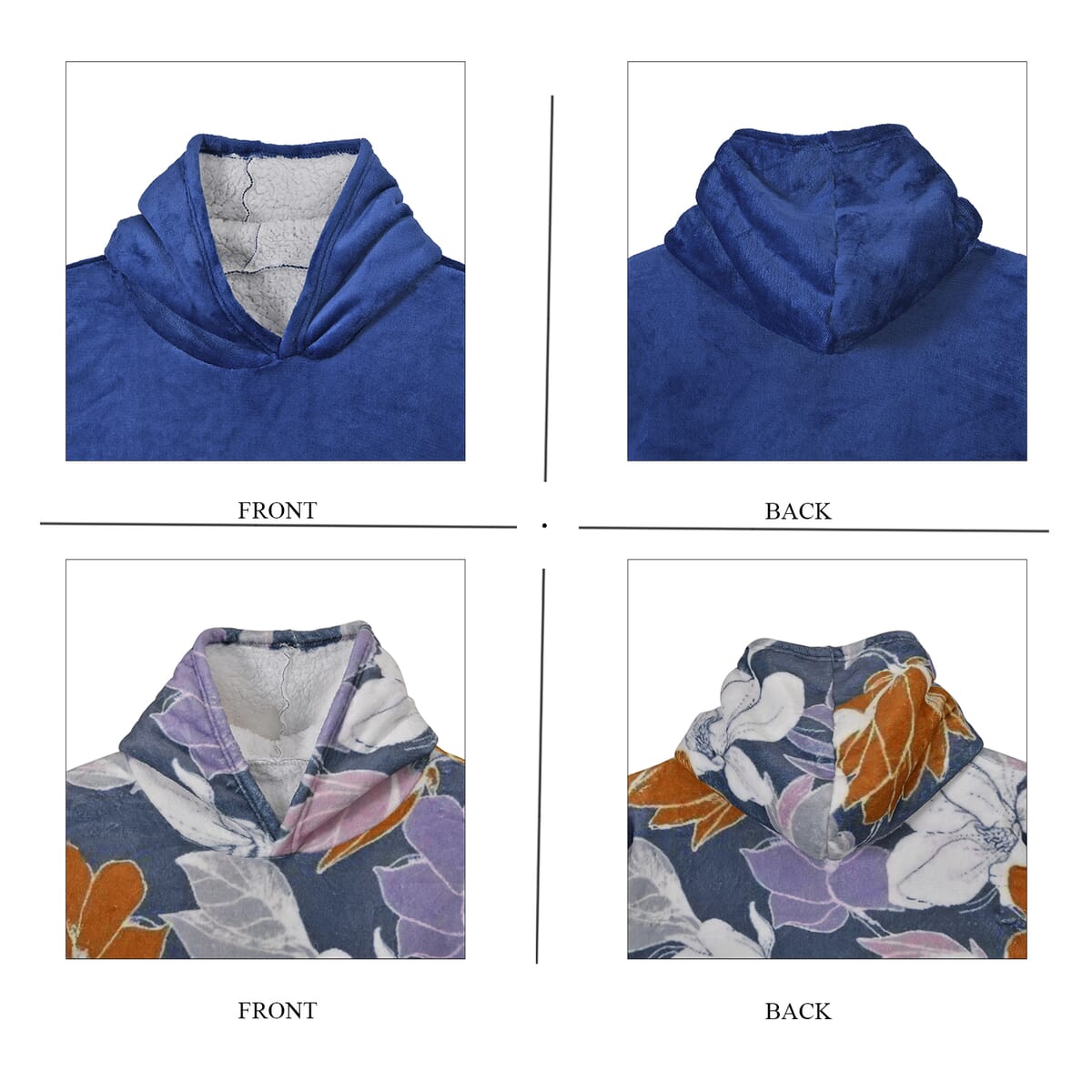 Set of 2 Blue and Floral Blanket Hoodie Sweatshirt Blanket with Kangaroo Pocket – One Size Fits Most image number 2
