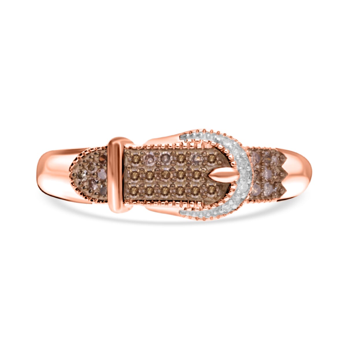 Natural Champagne and White Diamond Buckle Ring in Vermeil Rose Gold Over Sterling Silver (Size 9.0) 0.25 ctw image number 0