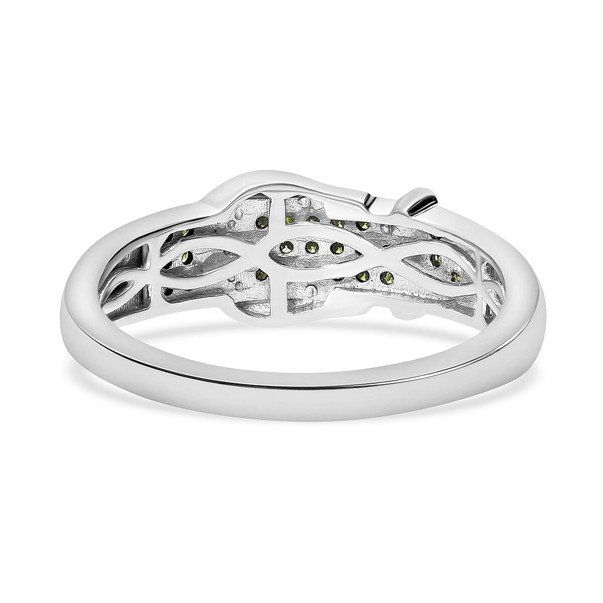 Green and White Diamond Buckle Ring in Platinum Over Sterling Silver (Size 10.0) 0.25 ctw image number 1