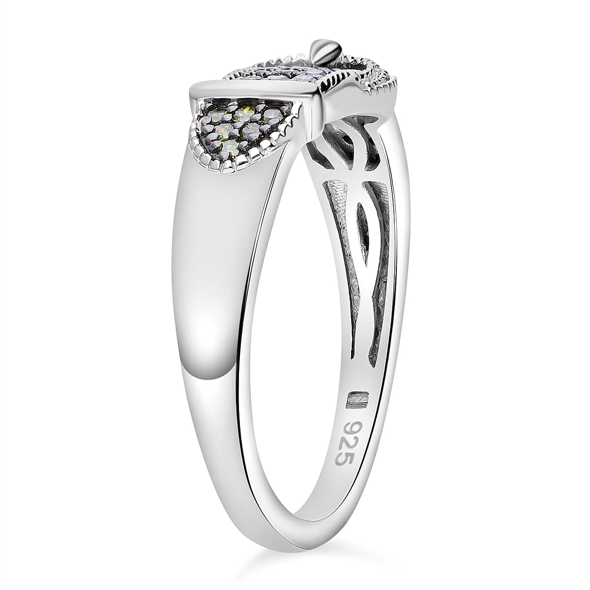 Green and White Diamond Buckle Ring in Platinum Over Sterling Silver (Size 10.0) 0.25 ctw image number 3
