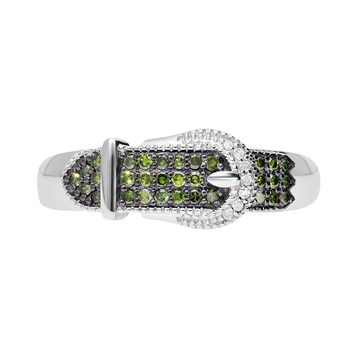 Green and White Diamond Buckle Ring in Platinum Over Sterling Silver (Size 7.0) 0.25 ctw image number 0