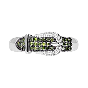 Green and White Diamond Buckle Ring in Platinum Over Sterling Silver (Size 7.0) 0.25 ctw