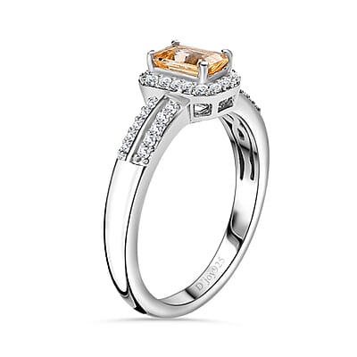 D'Joy Radiant Cut Premium Golden Imperial Topaz and Moissanite Ring in Platinum Over Sterling Silver (Size 10.0) 1.00 ctw