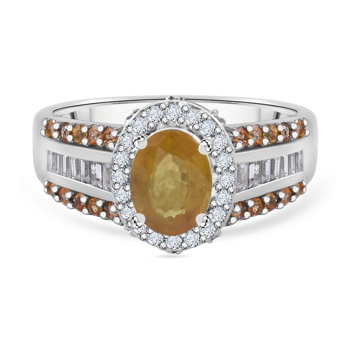 Yellow Sapphire and White Zircon 3.20 ctw Autumn Sunrise Bridge Ring in Platinum Over Sterling Silver (Size 5.0) image number 0