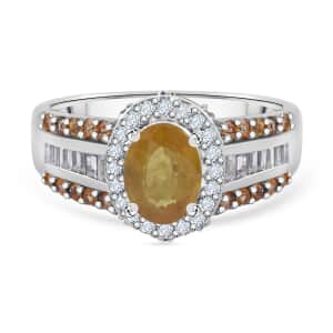 Yellow Sapphire and White Zircon 3.20 ctw Autumn Sunrise Bridge Ring in Platinum Over Sterling Silver (Size 5.0)