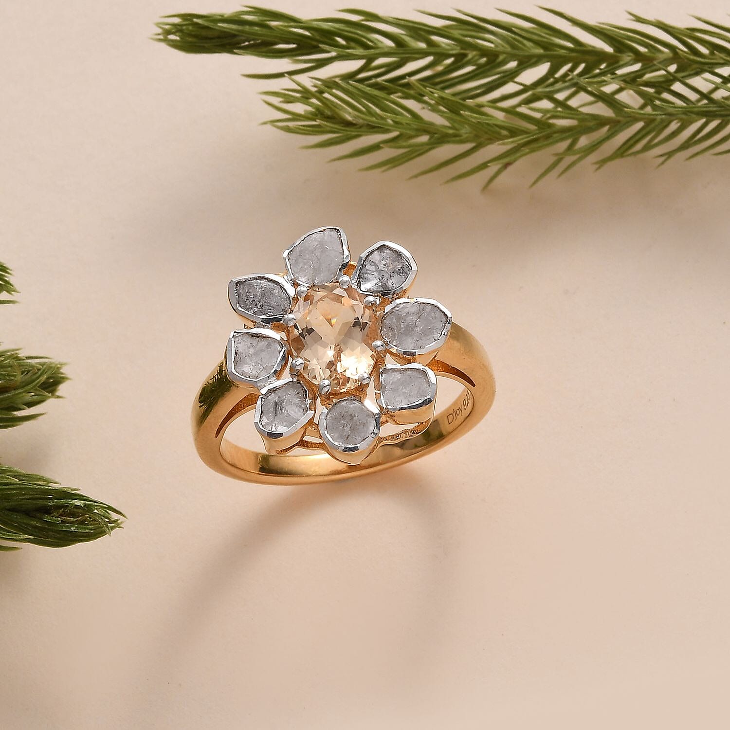 Premium Golden Imperial Topaz and Polki Diamond Ring in Vermeil Yellow Gold Over Sterling Silver (Size 10.0) 1.90 ctw