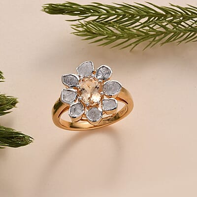Premium Golden Imperial Topaz and Polki Diamond Ring in Vermeil Yellow Gold Over Sterling Silver (Size 10.0) 1.90 ctw