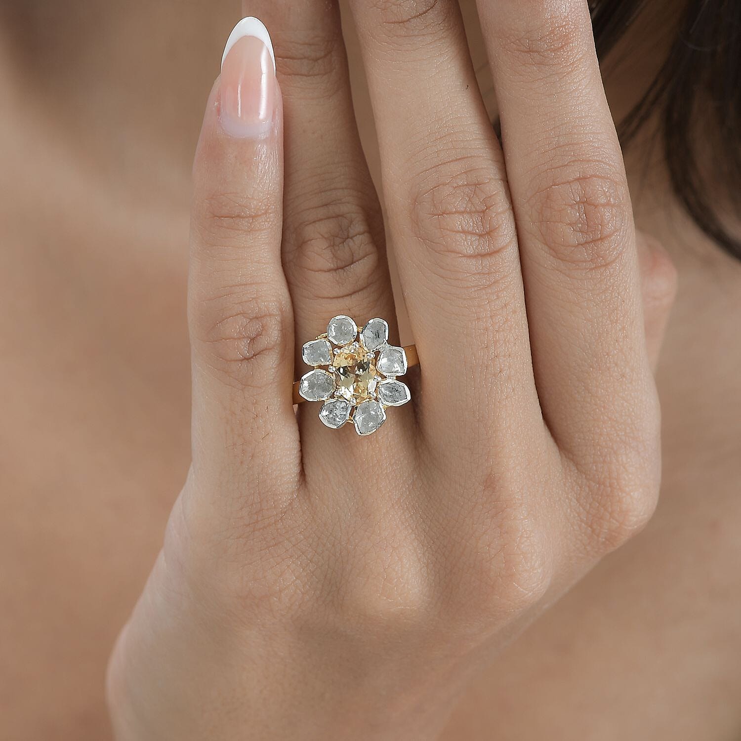Premium Golden Imperial Topaz and Polki Diamond Ring in Vermeil Yellow Gold Over Sterling Silver (Size 10.0) 1.90 ctw