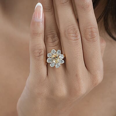 Premium Golden Imperial Topaz and Polki Diamond Ring in Vermeil Yellow Gold Over Sterling Silver (Size 10.0) 1.90 ctw