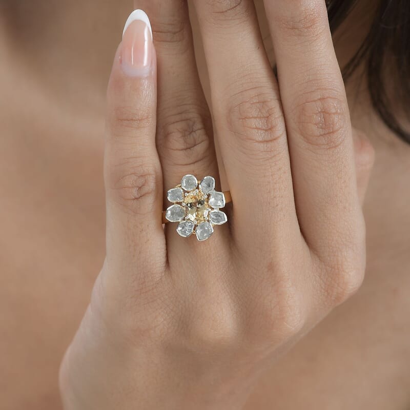 Premium Golden Imperial Topaz and Polki Diamond Ring in Vermeil Yellow Gold Over Sterling Silver (Size 10.0) 1.90 ctw